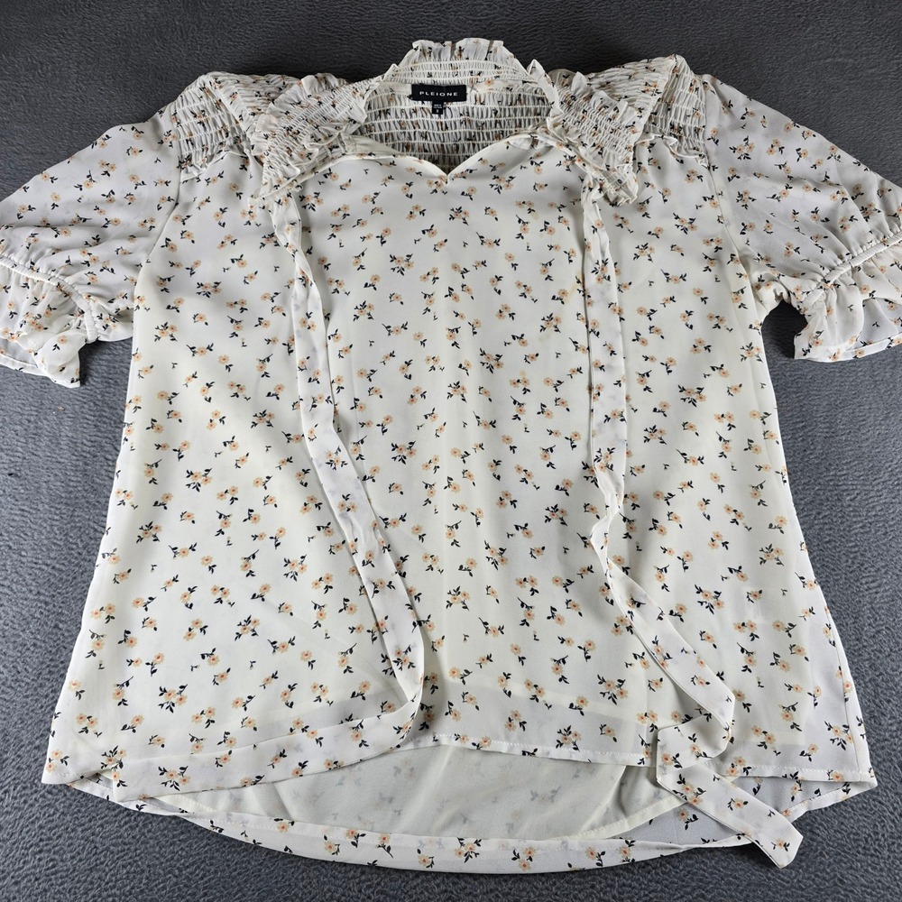 Pleione Womens Small White Floral Smocked High Neck Long Sleeve Blouse Top